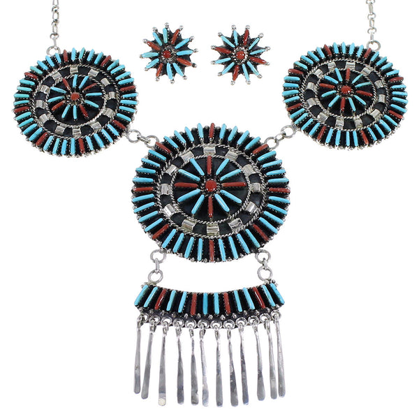 Southwest Turquoise Coral Needlepoint Silver Necklace And Earring Set EX54077
